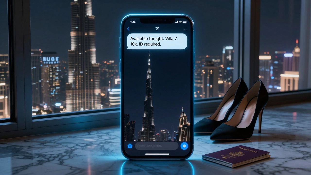 A glowing smartphone displays a private chat message beside designer heels and a passport on a marble floor.