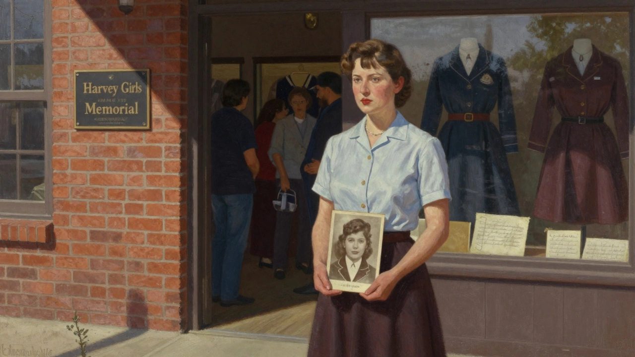 Former Harvey Girl standing before a restored Harvey House museum, holding an old photo, sunlight casting long shadows.