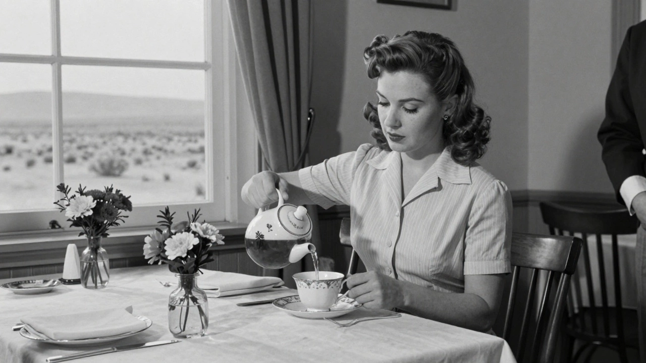 Harvey Girl pouring tea at a formal dining table, sunlight streaming through a window, serene and professional atmosphere.
