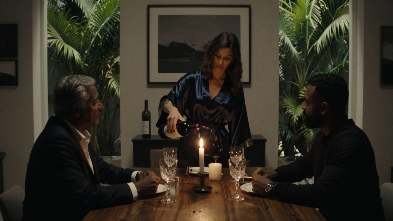 Silhouettes of two people at a candlelit dinner in a private villa, with modern art and tropical plants in the background.